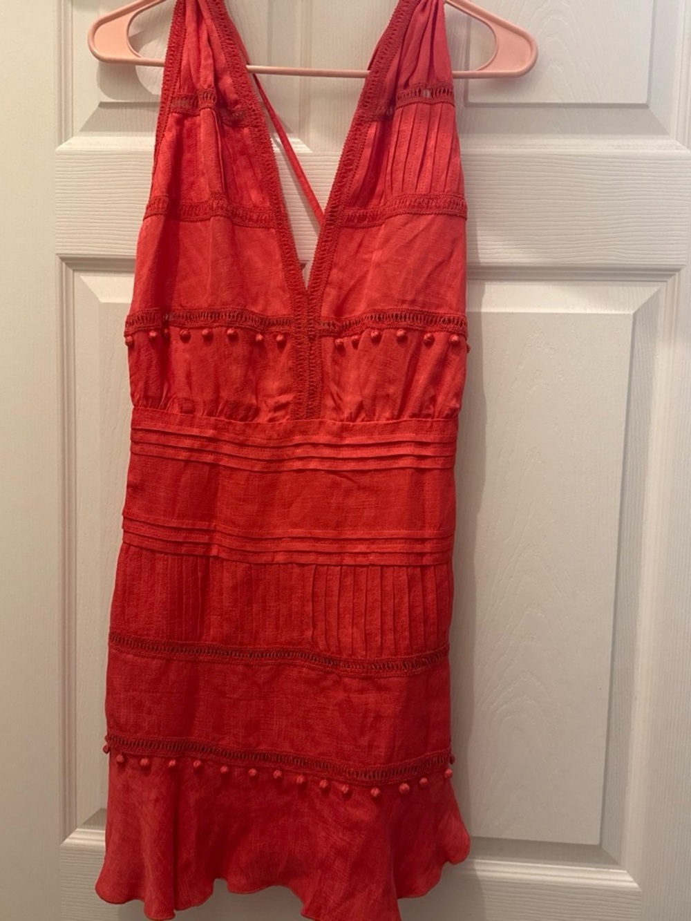 IRO Coral-Red V-Neck Mini Dress with Pom Detail